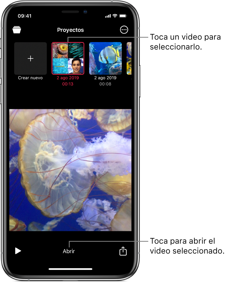 El botón "Crear nuevo" y las miniaturas de los proyectos existentes están sobre una imagen de un video en el visor, con el botón Abrir debajo.
