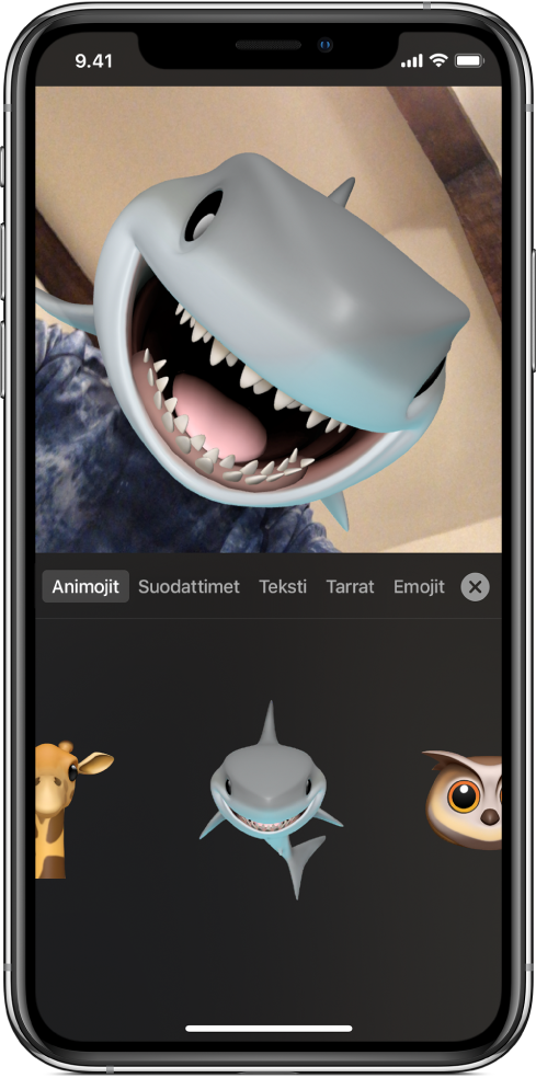 Videokuva katseluikkunassa ja hai-animoji.