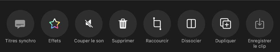 Boutons qui s’affichent en dessous du visualiseur lorsqu’un clip est sélectionné. De gauche à droite se trouvent les boutons Titres synchro, Effets, Muet, Supprimer, Raccourcir, Scinder, Dupliquer et Enregistrer le clip.