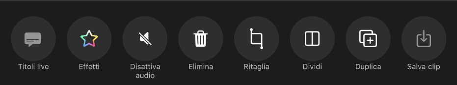 Quando viene selezionato un clip, vengono visualizzati dei pulsanti sotto il visore. Da sinistra a destra, i pulsanti sono: “Titoli live”, Effetti, “Disattiva audio”, Elimina, Taglia, Dividi, Duplica e “Salva clip”.