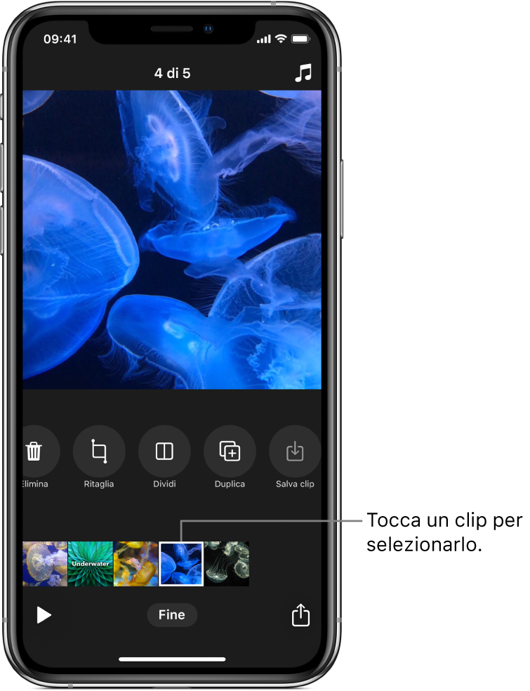 Un clip selezionato in un progetto, con una riga di pulsanti al di sopra per eliminare, tagliare, dividere, duplicare o salvare il clip selezionato.