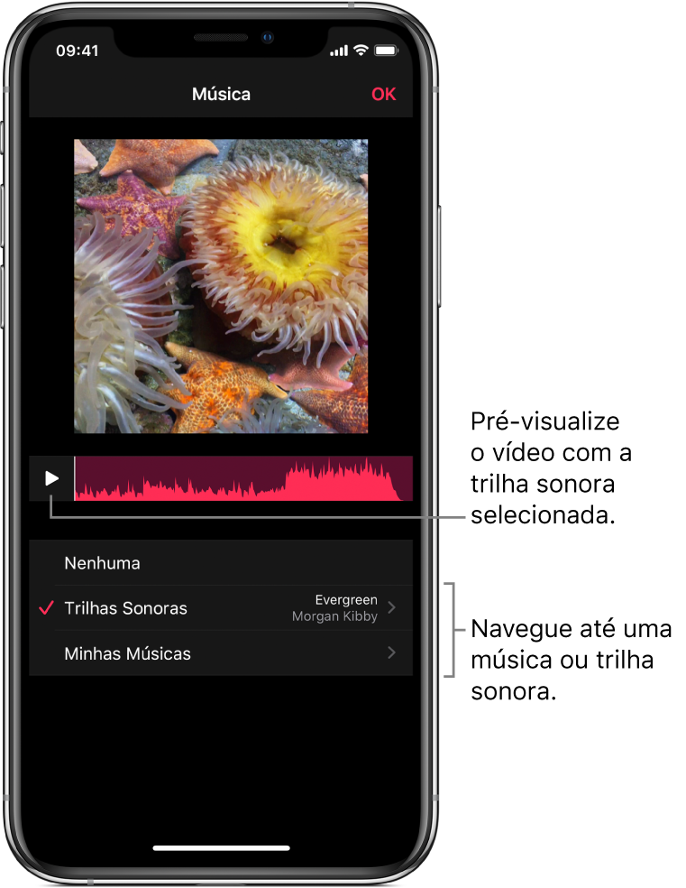 O botão Reproduzir e a forma de onda de um áudio abaixo de uma imagem no visualizador, com opções para explorar trilhas sonoras ou a sua biblioteca de músicas.