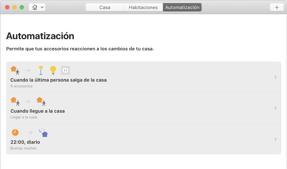 La pantalla Automatización mostrando opciones de accesorios para cuando una persona deja la casa, llega a la casa y cuando es hora de dormir.