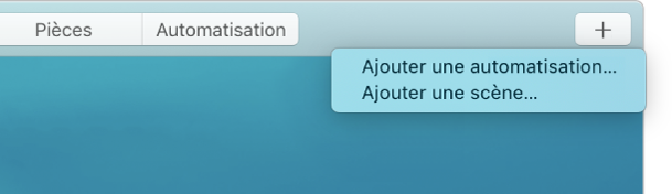 Coin supérieur droit du menu principal affichant les options Ajouter une automatisation et Ajouter une scène dans le menu Ajouter.