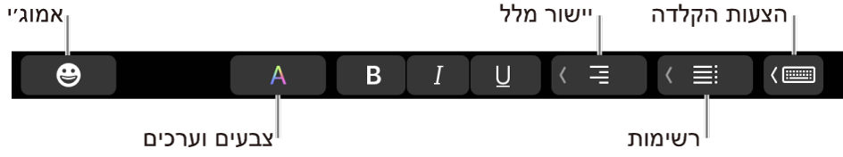ה-Touch Bar עם הכפתורים מהיישום ״דואר״ הכוללים - משמאל לימין - ״אמוג׳י״, ״צבעים״, ״מודגש״, ״נטוי״, ״קו תחתון״, ״יישור״, ״רשימות״ ו״הצעות הקלדה״.