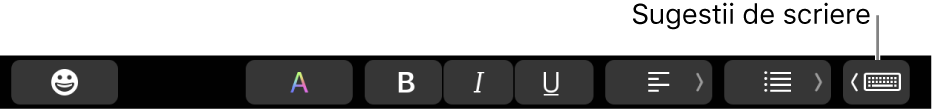 Bara Touch Bar, cu butonul de afișare a sugestiilor de scriere în capătul din dreapta.