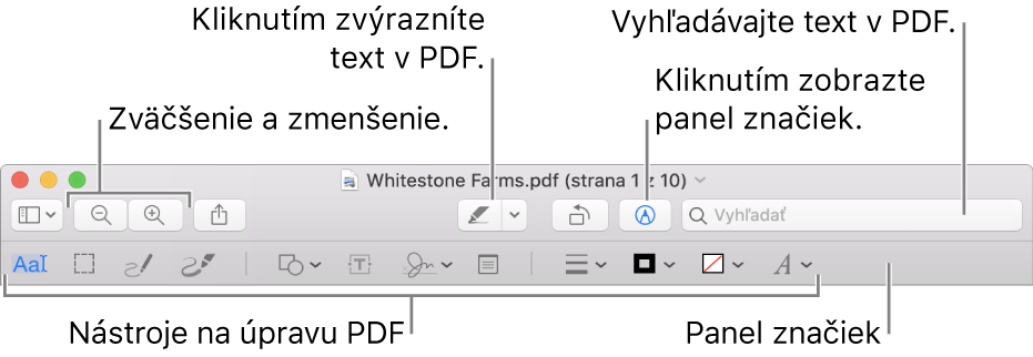 Panel značiek na označovanie PDF.