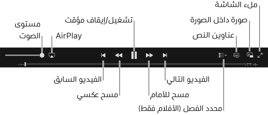 عنصر التحكم في الفيديو: مستوى الصوت، وAirPlay، والفيديو السابق، ومسح عكسي، وتشغيل/إيقاف مؤقت، ومسح للأمام، والفيديو التالي، ومحدد الفصل (للأفلام فقط)، وعناوين النص، وملء الشاشة.