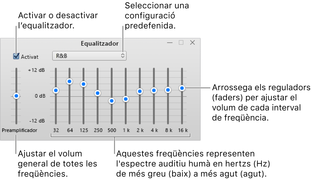 La finestra Equalitzador: La casella per activar l’equalitzador de l’iTunes està a la cantonada superior esquerra. Al seu costat hi ha el menú desplegable amb les preconfiguracions de l’equalitzador. A l’extrem esquerre, ajusta el volum general de les freqüències amb el preamplificador. A sota de les preconfiguracions de l’equalitzador, ajusta el volum dels diferents intervals de freqüència que representen l’espectre audible humà de més greu a més agut.