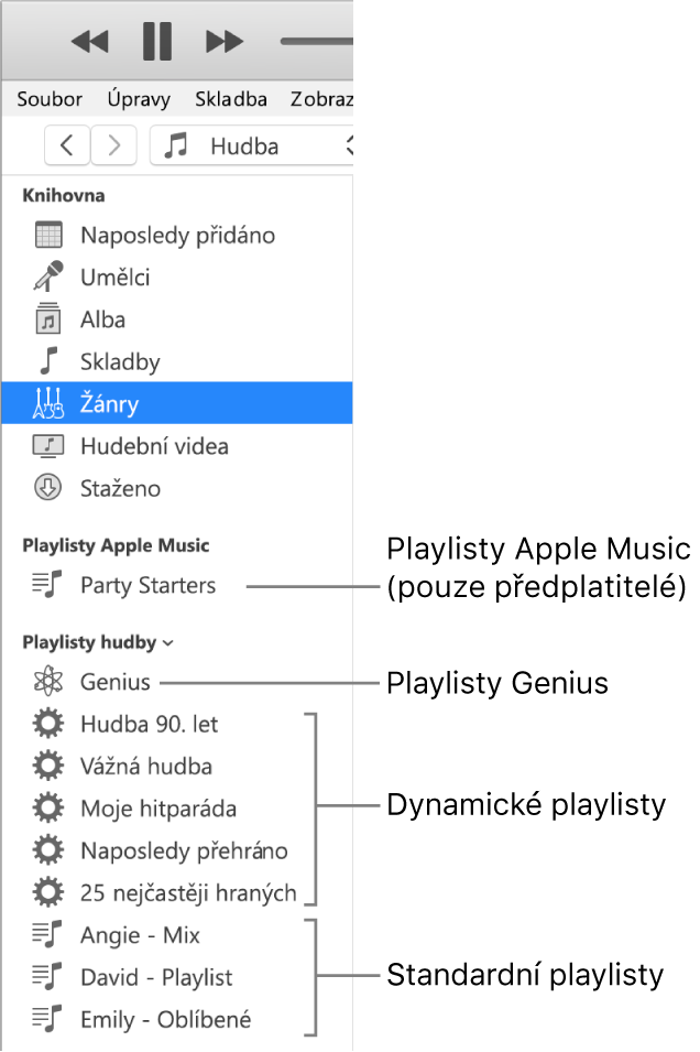 Boční panel iTunes zobrazující různé typy playlistů. Apple Music (pouze pro předplatitele), Genius, dynamické a standardní playlisty.