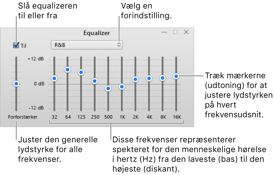 Equalizer-vinduet: Afkrydsningsfeltet, der bruges til at slå iTunes-equalizeren til, er anbragt i øverste venstre hjørne. Ved siden af findes lokalmenuen med forindstillinger til equalizeren. Yderst til venstre kan du justere den generelle lydstyrke med forforstærkeren. Under forindstillingerne til equalizeren kan du justere lydniveauet på de forskellige frekvensområder, der repræsenterer det spektrum fra det laveste til det højeste, som det menneskelige øre kan opfatte.