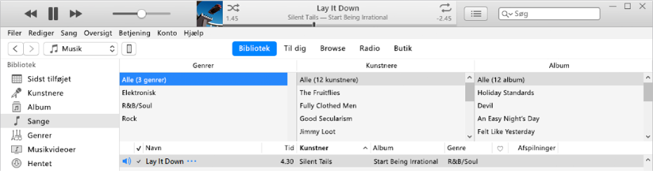 Hovedvinduet i iTunes: Kolonnebrowseren vises til højre for indholdsoversigten og over listen med sange.