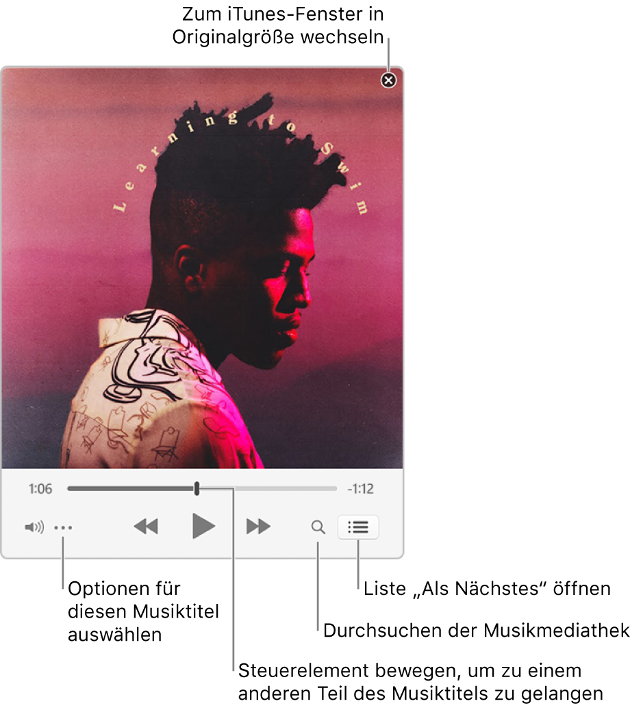 Der erweiterte MiniPlayer mit Steuerelementen für den gerade abgespielten Titel. Oben rechts befindet sich die Schaltfläche zum Schließen, mit der das iTunes-Fenster bildschirmfüllend angezeigt werden kann. Unten im Fenster ist ein Regler, den du ziehen kannst, um zu einem anderen Teil des Titels zu gelangen. Unter dem Regler befindet sich links die Schaltfläche „Mehr“, durch Klicken darauf kannst du Darstellungsoptionen und andere Optionen für die gerade abgespielten Titel auswählen. Ganz rechts unter dem Regler sind zwei Schaltflächen: die Lupe zum Durchsuchen der Musikmediathek und die Liste „Als Nächstes“, um zu sehen, welche Titel als nächste gespielt werden.