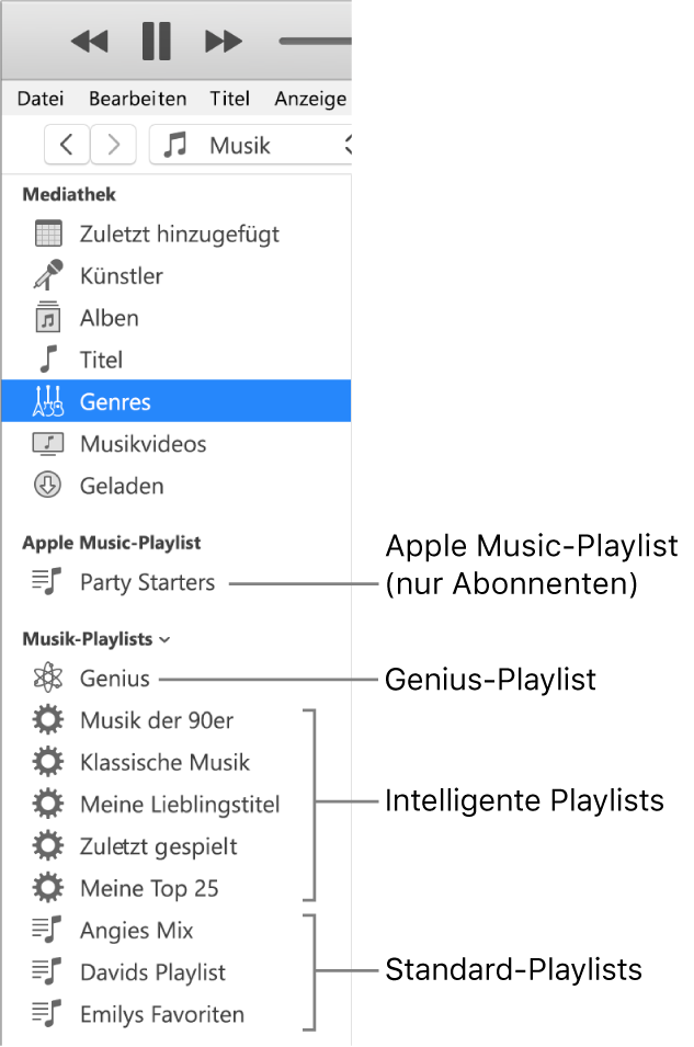 Die iTunes-Seitenleiste mit verschiedenen Typen von Playlists: Apple Music (nur Abonnenten), Genius-, intelligente und Standard-Playlists.