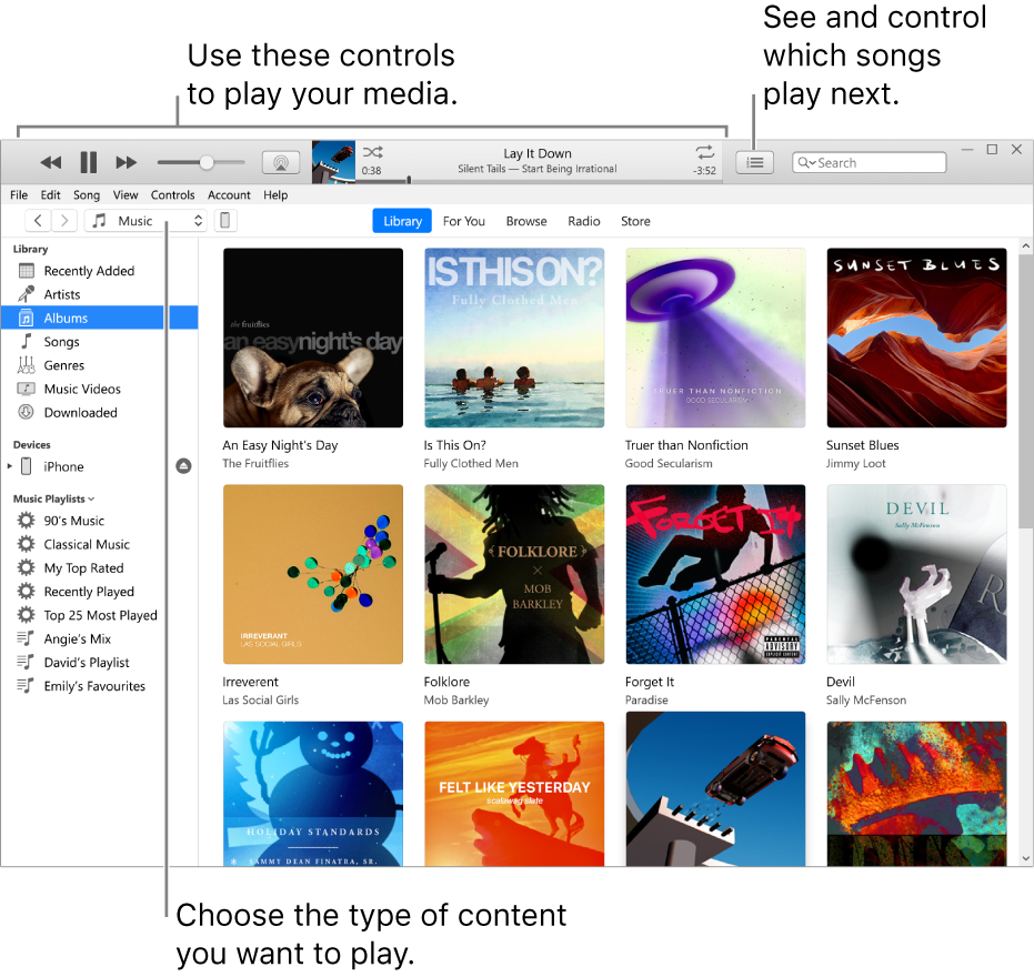 The iTunes Library main window: In the navigator, choose the type of media to play (such as Music). Use the controls in the banner at the top to play your media, and use the Up Next pop-up menu on the right to view your library in different ways.