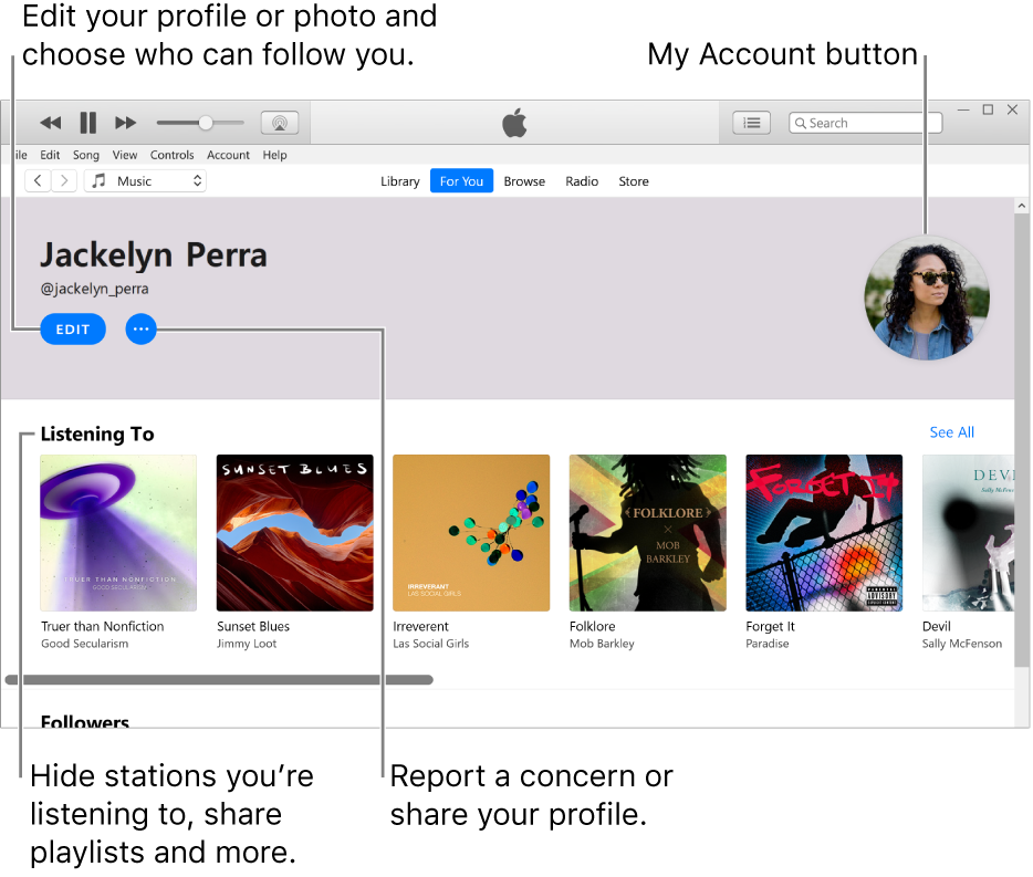 The profile page in Apple Music: In the top-left corner under your name, click Edit to edit your profile or your photo and choose who can follow you. To the right of Edit, click the More button to report a concern or share your profile. In the top-right corner is the My Account button. Under the Listening To heading are all the albums you’re listening to and you can click the More button to hide stations you’re listening to, share playlists and more.