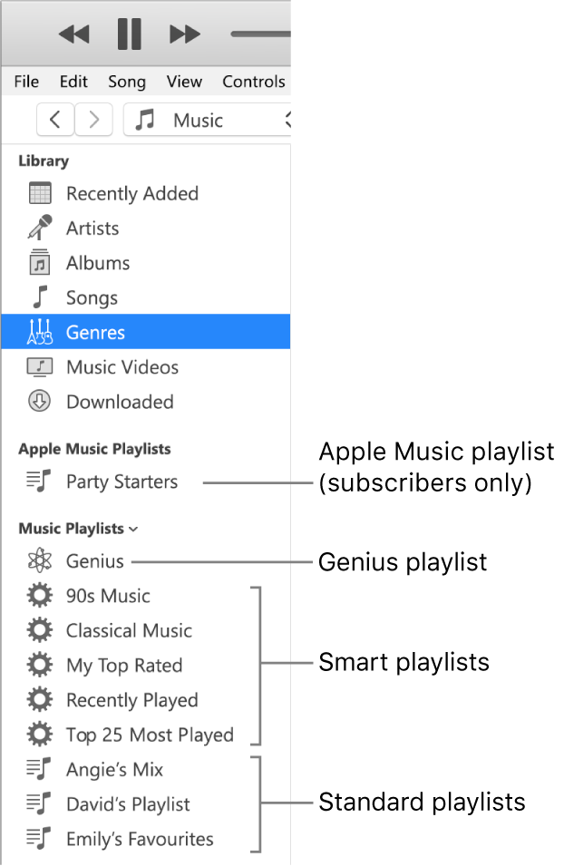 The iTunes sidebar showing the various types of playlists: Apple Music (subscribers only), Genius, Smart and standard playlists.