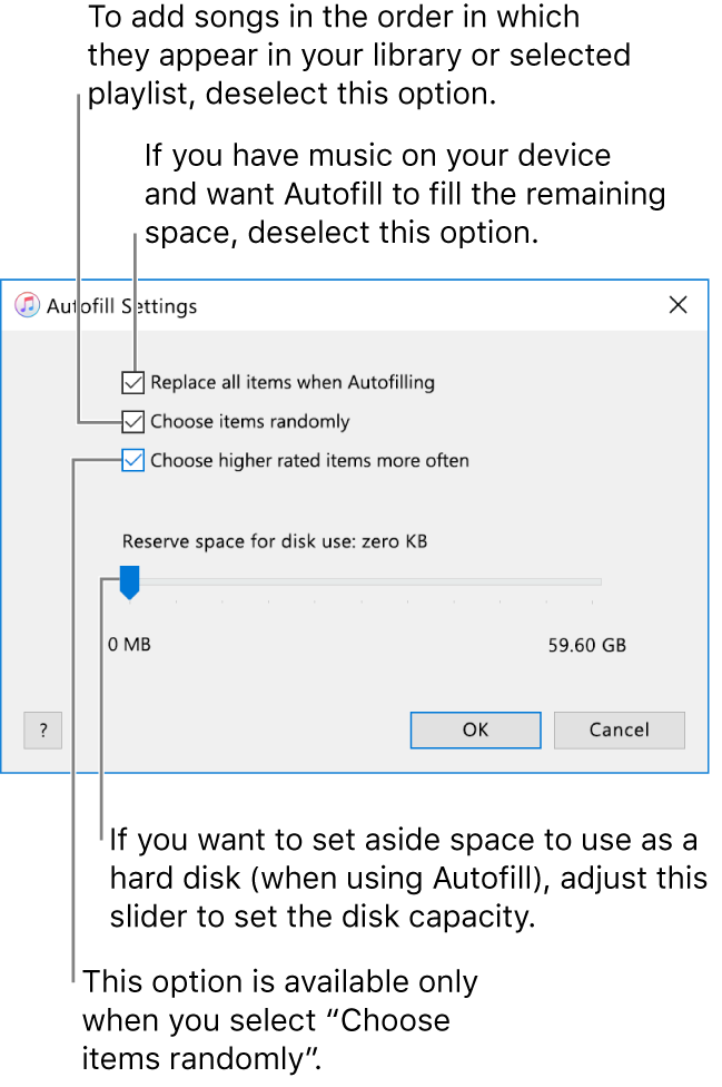 The Autofill Settings dialogue showing four options, from top to bottom. If you have music on your device and want Autofill to fill the remaining space, deselect the option “Replace all items when Autofilling”. To add songs in the order in which they appear in your library or selected playlist, deselect the option “Choose items randomly”. The next option, “Choose higher rated items more often”, is available only when you select the option “Choose items randomly”. If you want to set aside space to use as a hard disk, adjust the slider to set the disk capacity.