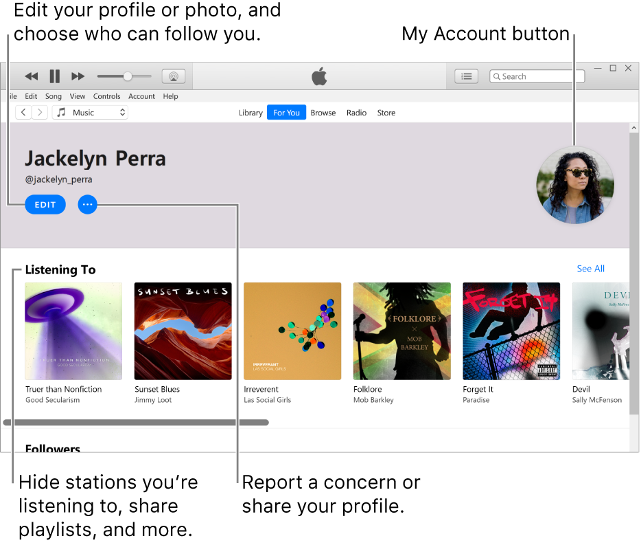 The profile page in Apple Music: In the top-left corner under your name, click Edit to edit your profile or your photo and choose who can follow you. To the right of Edit, click the More button to report a concern or share your profile. In the top-right corner is the My Account button. Under the Listening To heading are all the albums you’re listening to, and you can click the More button to hide stations you’re listening to, share playlists and more.