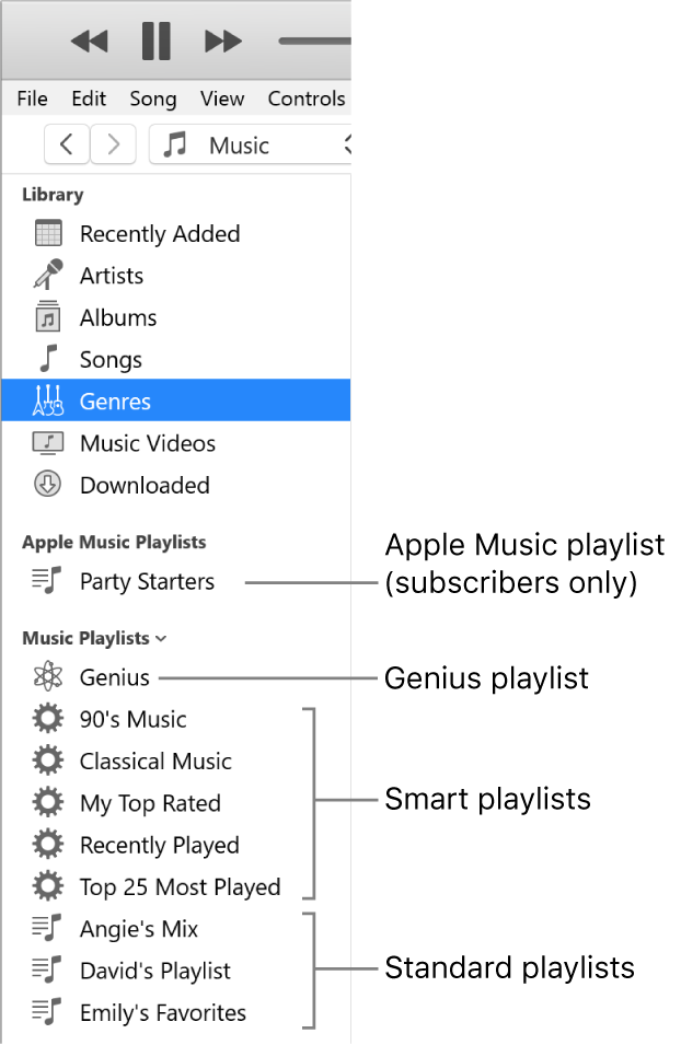 The iTunes sidebar showing the various types of playlists: Apple Music (subscribers only), Genius, Smart, and standard playlists.