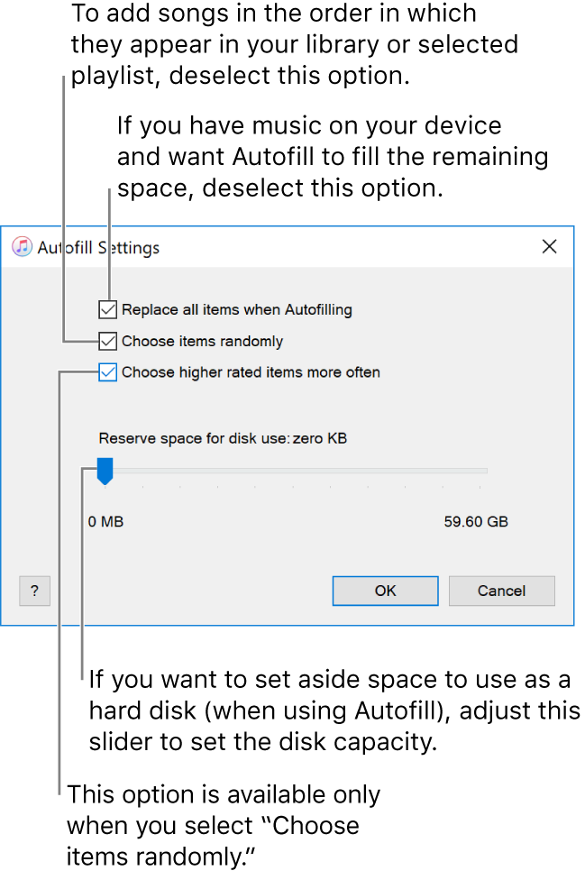 The Autofill Settings dialog showing four options, from top to bottom. If you have music on your device and want Autofill to fill the remaining space, deselect the option “Replace all items when Autofilling.” To add songs in the order in which they appear in your library or selected playlist, deselect the option “Choose items randomly.” The next option, “Choose higher rated items more often,” is available only when you select the option “Choose items randomly.” If you want to set aside space to use as a hard disk, adjust the slider to set the disk capacity.
