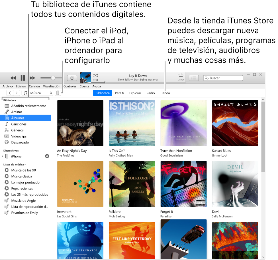 Visualización de la ventana de iTunes: la ventana de iTunes tiene dos paneles. A la izquierda está la barra lateral Biblioteca, que contiene todos tus contenidos digitales. A la derecha, en el área de contenido más grande, puedes ver una selección de tu interés. Por ejemplo, puedes visitar tu biblioteca o tu página “Para ti”, recorrer canciones y vídeos nuevos de iTunes o visitar iTunes Store para descargar canciones, películas, programas de televisión, audiolibros y más. Arriba a la derecha de la barra lateral Biblioteca está el botón del dispositivo, que muestra el iPhone, iPad o iPod conectado al PC.