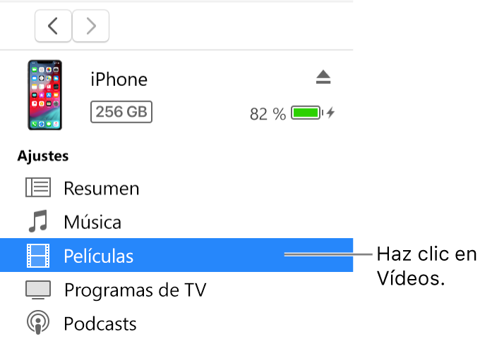 La ventana del dispositivo con la opción Vídeos seleccionada en la barra lateral de la izquierda.