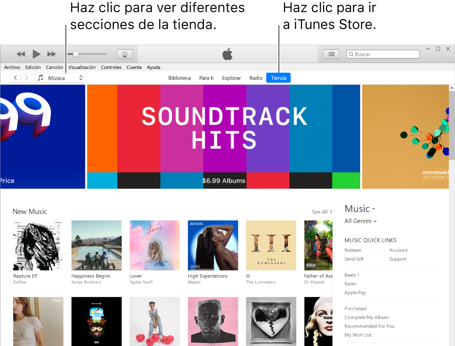 La ventana principal de iTunes Store: en la barra de navegación, la pestaña Tienda está resaltada. En la esquina superior izquierda, elige el contenido que quieres ver en la tienda (por ejemplo, Música o TV).