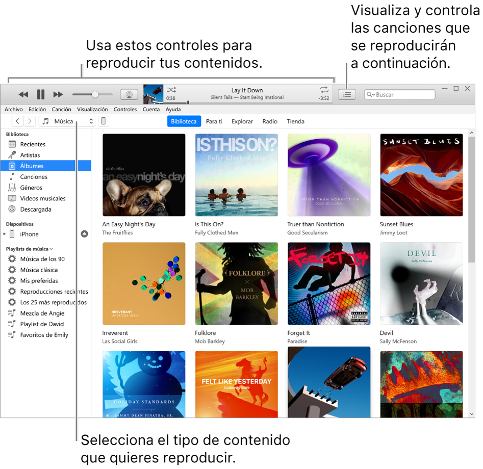 La ventana principal de la biblioteca de iTunes: en el navegador, elige el tipo de contenido que quieres reproducir (como Música). Usa los controles en la tira en el área superior, para reproducir su contenido y usa el menú desplegable "A continuación", en la derecha, para ver tu biblioteca de diferentes maneras.