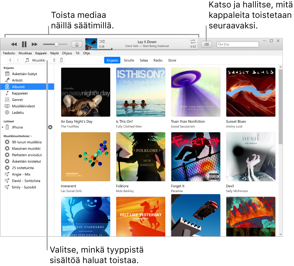 iTunes-kirjaston pääikkuna: Valitse selauspalkista toistettavan median tyyppi (esimerkiksi Musiikki). Voit toistaa mediaa näytön yläosan säätimillä ja tarkastella kirjastoa eri tavoin oikeanpuoleisesta Seuraavaksi-ponnahdusvalikosta.