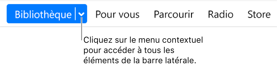 Le bouton Bibliothèque dans la barre de navigation, affichant le menu contextuel; cliquez dessus pour accéder à tous les éléments de la barre latérale lorsque celle-ci est masquée.