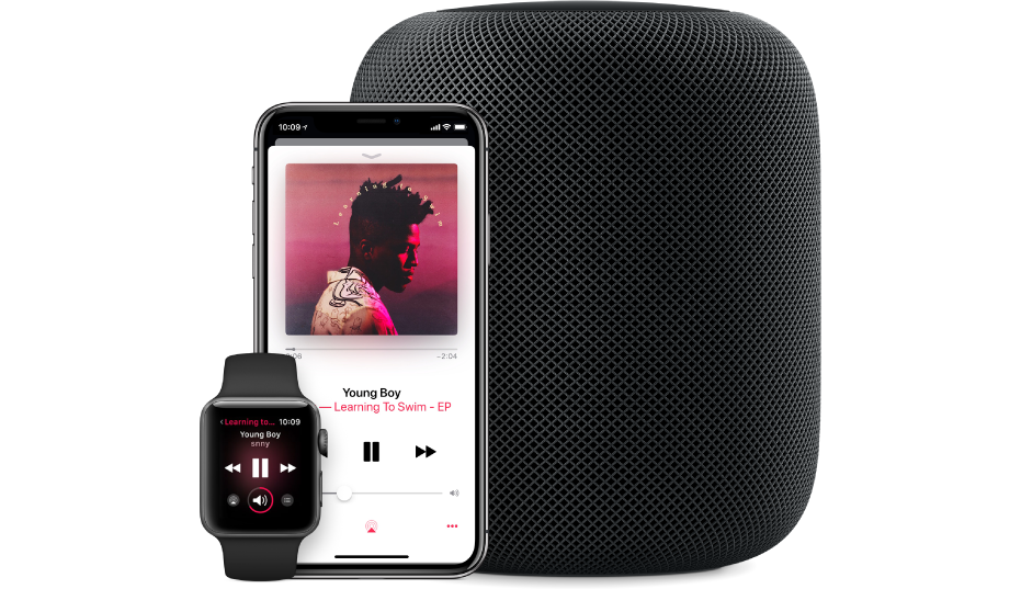 Vue d’une chanson sur Apple Music en lecture sur une Apple Watch, un iPhone et un HomePod.