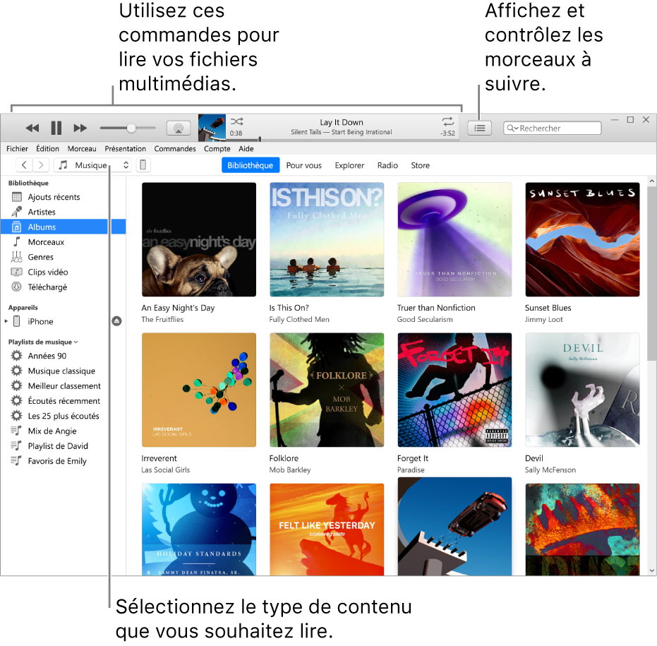 La fenêtre principale de la bibliothèque iTunes : Dans le navigateur, choisissez le type de contenus multimédias à lire (tel que Musique). Utilisez les commandes de la bannière située en haut pour lire votre contenu multimédia, et utilisez le menu local Liste d’attente sur la droite pour voir votre bibliothèque de différentes manières.