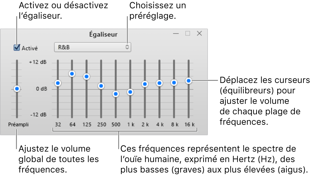 La fenêtre Égaliseur : La case pour activer l’égaliseur iTunes se trouve dans le coin supérieur gauche. Le menu local avec les préréglages de l’égaliseur est situé à côté. À l’extrémité gauche, réglez le volume global des fréquences avec le préampli. Sous les préréglages de l’égaliseur, réglez le niveau sonore des différentes plages de fréquences qui représentent le spectre auditif humain, des plus basses aux plus élevées.