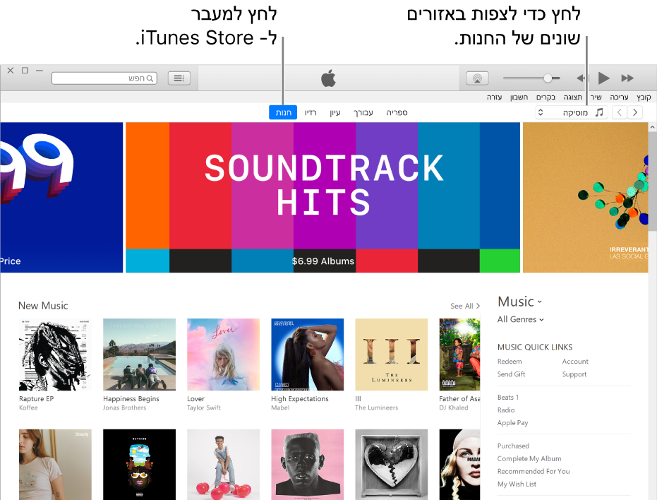 החלון הראשי של iTunes Store: בסרגל הניווט, האפשרות Store מודגשת. בפינה השמאלית העליונה, בחר להציג תוכן שונה ב‑Store (למשל ״מוסיקה״ או ״תכניות טלוויזיה״).
