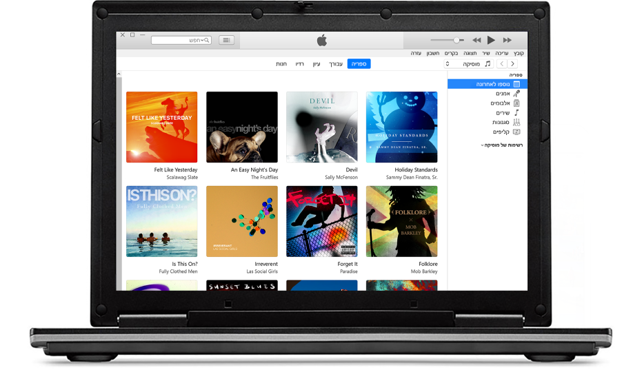 חלון iTunes עם ספריה המכילה מספר אלבומים.