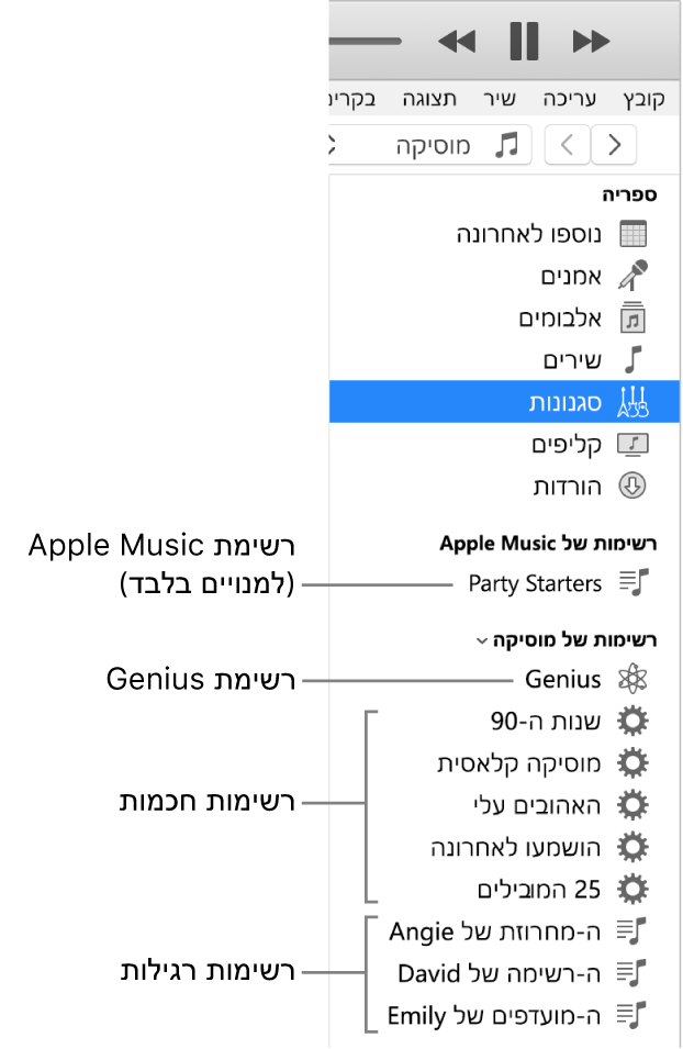 סרגל הצד של iTunes עם הסוגים השונים של רשימות: רשימות Apple Music (למנויים בלבד), רגילות, חכמות ו‑Genius.