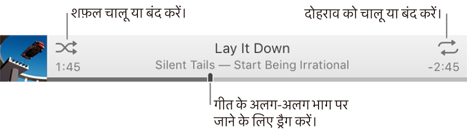 बजते हुए गाने के साथ बैनर। शफ़ल बटन ऊपरी-बाएँ कोने में होता है; रिपीट बटन ऊपरी-दाएँ कोने में होता है। गाने के विभिन्न भाग में जाने के लिए स्क्रबर को ड्रैग करें।