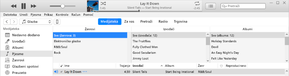 Glavni prozor aplikacije iTunes: Preglednik stupaca pojavljuje se s desne strane rubnog stupca i iznad popisa pjesama.