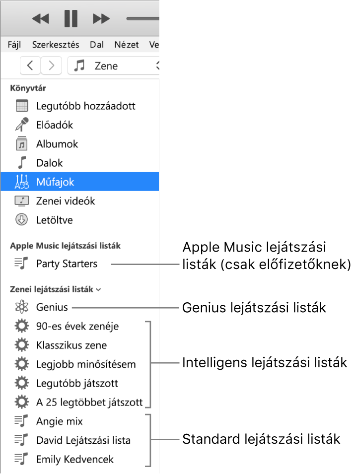 Különböző típusú lejátszási listákat megjelenítő iTunes oldalsáv. Apple Music (csak előfizetők), Genius, Intelligens és általános lejátszási listák.