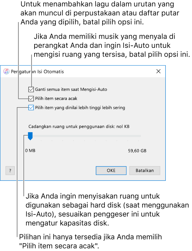 Dialog Pengaturan Isi-Auto menampilkan empat pilihan, dari atas ke bawah. Jika Anda memiliki musik di perangkat Anda dan ingin Isi-Auto mengisi ruang tersisa, batal pilih opsi “Ganti semua item saat Mengisi Otomatis.” Untuk menambahkan lagu dalam urutan yang muncul di perpustakaan atau daftar putar yang dipilih, batal pilih opsi “Pilih item secara acak.” Pilihan berikutnya, “Pilih item yang dinilai lebih tinggi lebih sering” tersedia hanya jika Anda memilih opsi “Pilih item secara acak.” Jika Anda ingin mengatur ruang yang akan digunakan sebagai hard disk, sesuaikan penggeser untuk mengatur kapasitas disk.