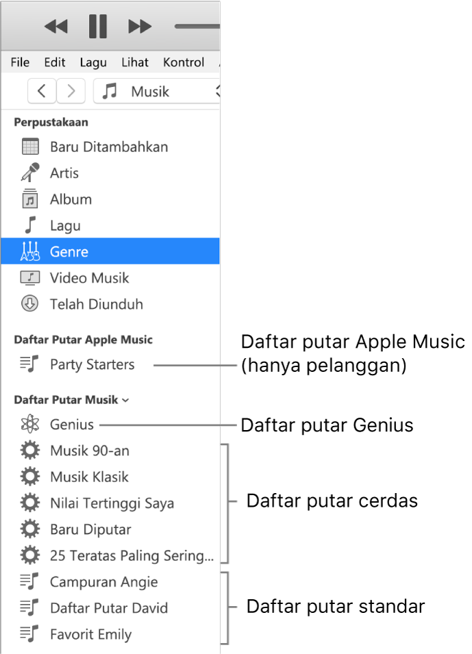 Bar samping iTunes menampilkan berbagai jenis daftar putar: Daftar putar Apple Music (khusus pelanggan), Genius, Cerdas, dan standar.