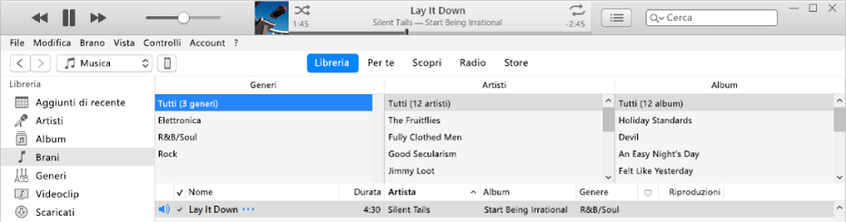 Finestra principale di iTunes: il browser a colonne è disponibile a destra della barra laterale e sopra l'elenco di brani.