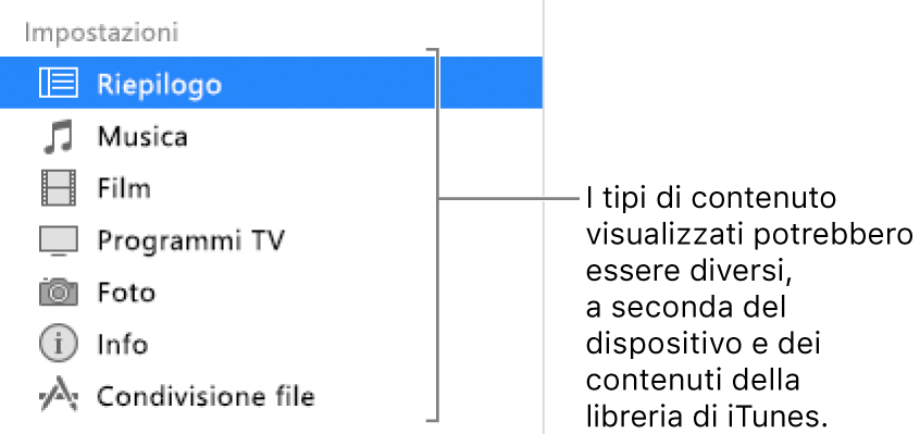 La voce Riepilogo selezionata nella barra laterale a sinistra. I tipi di contenuti mostrati potrebbero variare, a seconda del dispositivo e dei contenuti della libreria di iTunes.