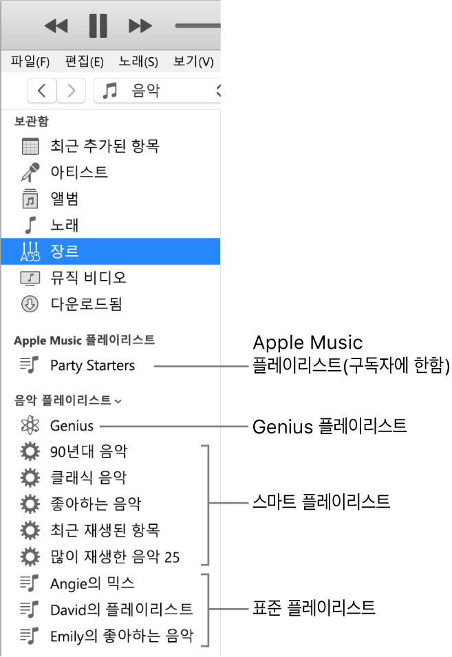 iTunes 사이드바에 여러 유형의 플레이리스트가 표시됨: Apple Music(구독자에 한함), Genius, 스마트 및 표준 플레이리스트.