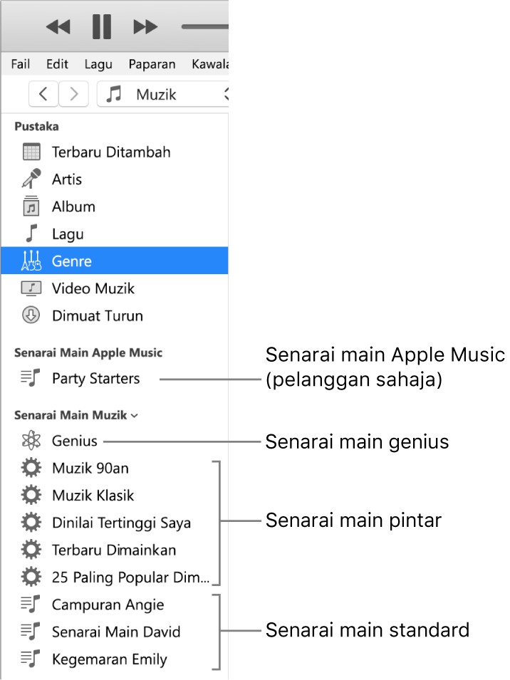 Bar sisi iTunes menunjukkan pelbagai jenis senarai main: Senarai main Apple Music (pelanggan sahaja), Genius, Pintar dan standard.