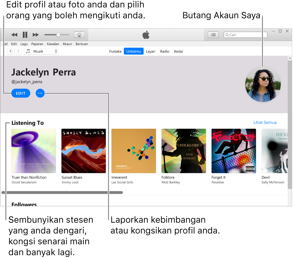 Halaman profil dalam Apple Music: Di penjuru kiri atas di bawah nama anda, klik Edit untuk mengedit profil anda atau foto anda dan pilih orang yang boleh mengikuti anda. Di sebelah kanan Edit, klik butang Lagi untuk melaporkan kebimbangan atau berkongsi profil anda. Di penjuru kanan atas ialah butang Akaun Saya. Di bawah pengepala Mendengar Kepada ialah semua album yang anda sedang dengari dan anda boleh klik butang Lagi untuk menyembunyikan stesen yang anda sedang dengari, berkongsi senarai main dan banyak lagi.