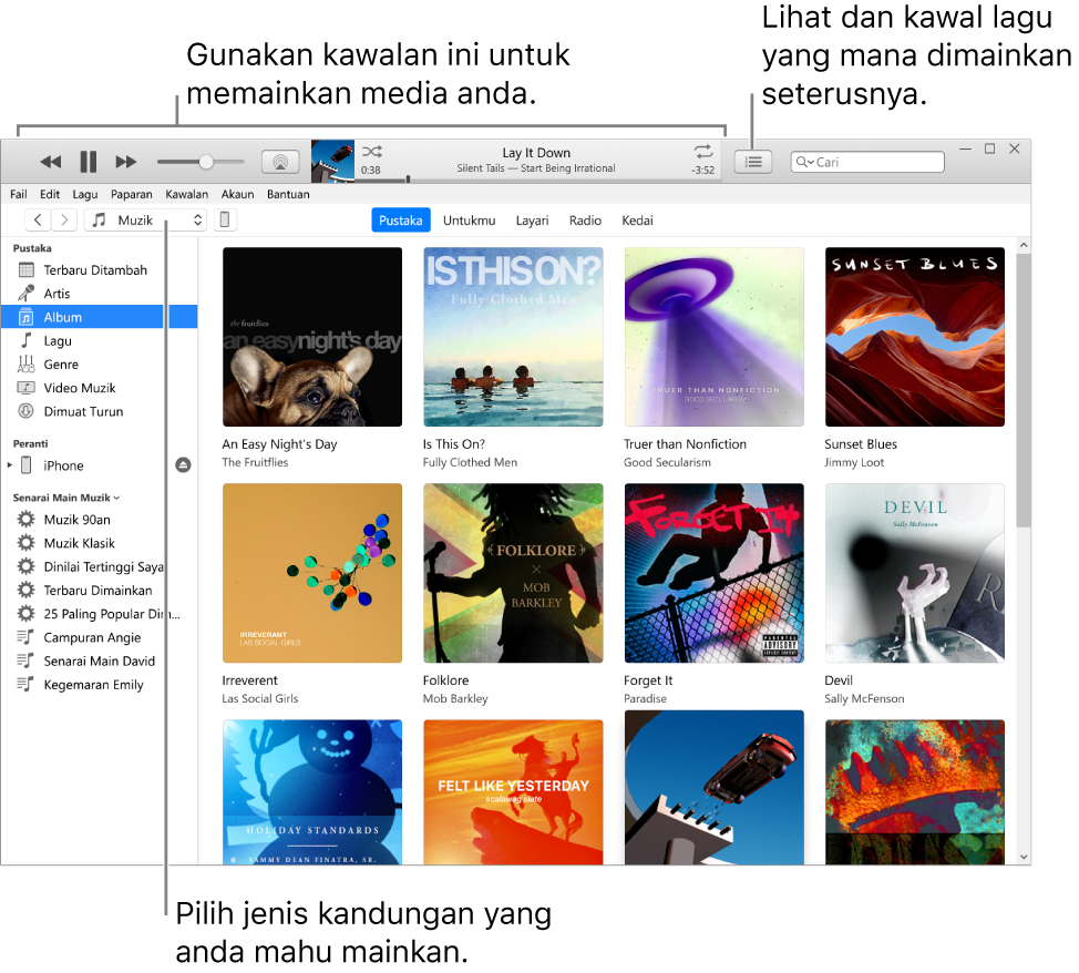 Tetingkap utama Pustaka iTunes: Dalam penavigasi, pilih jenis media untuk dimainkan (seperti Muzik). Gunakan kawalan dalam sepanduk di bahagian atas untuk memainkan media anda dan gunakan menu timbul Seterusnya di sebelah kanan untuk melihat pustaka anda dengan cara berlainan.