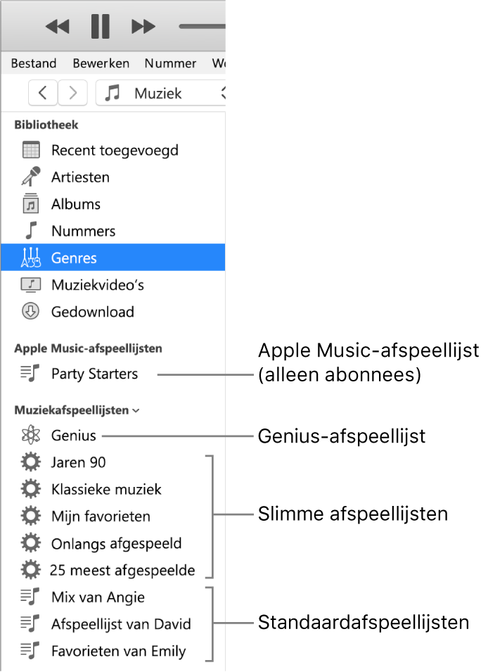 De iTunes-zijbalk met de verschillende typen afspeellijsten: Apple Music-afspeellijsten (alleen voor abonnees), Genius-afspeellijsten, slimme afspeellijsten en standaardafspeellijsten.