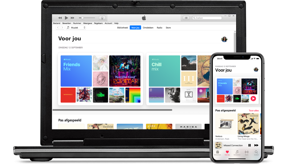Een pc en een iPhone met het Apple Music-scherm 'Voor jou'.
